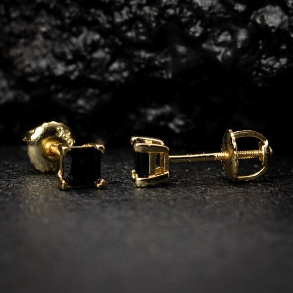 Small Mens Yellow Gold 925 Sterling Silver Black Onyx Princess Cut Stud Earrings - Picture 4 of 5